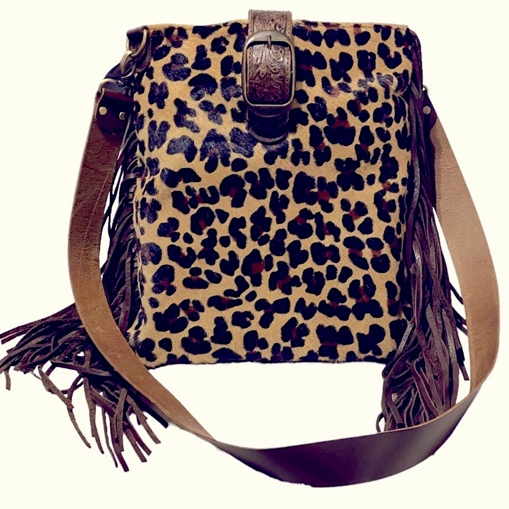 TWO BAR WEST /McFadin Leather-Crossbody Cheetah Print Camel Hair-Fringe Bag NWOT